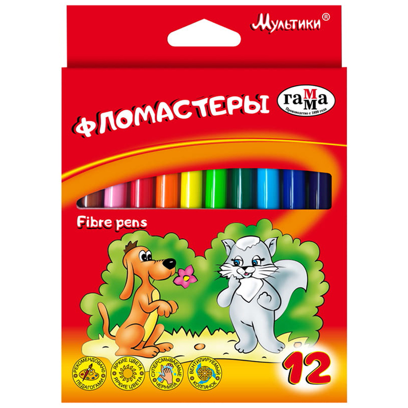 Фломастеры Гамма "Мультики", 12цв., смываемые, картон, европодвес