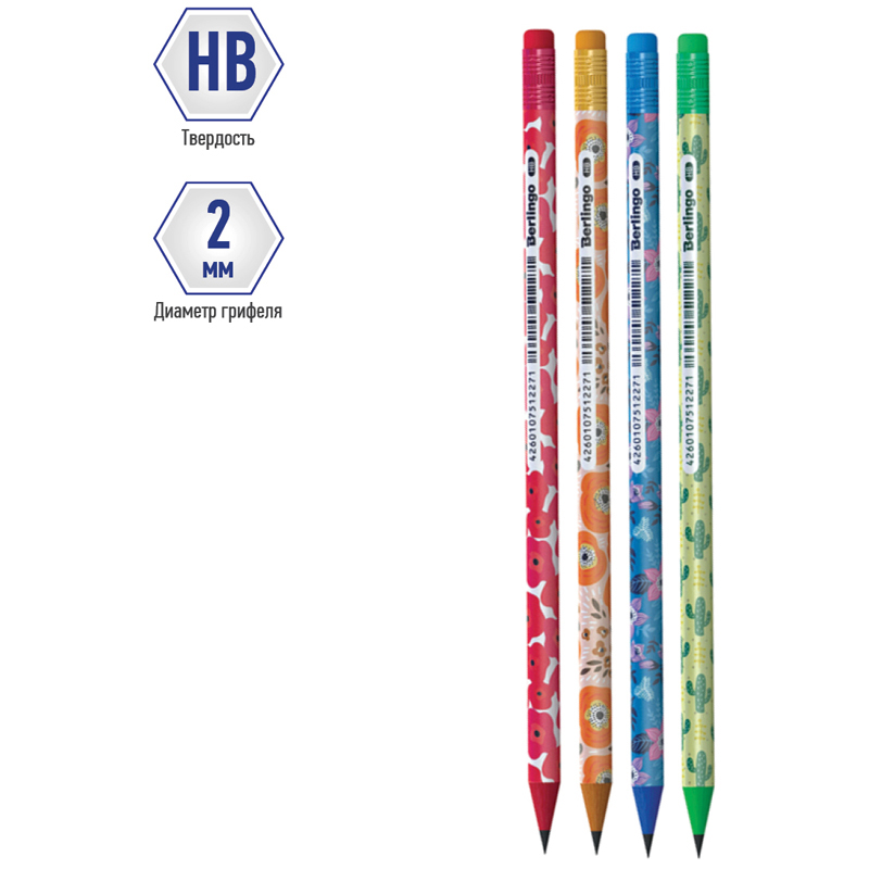 Карандаш ч/г Berlingo "Flowers" HB, круглый, заточен., с ластиком, пластик., ассорти — изображение 3